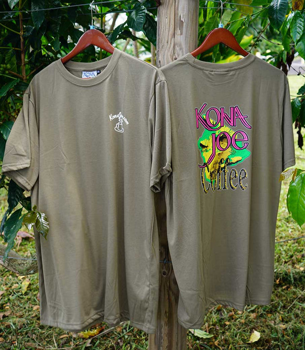 Two t-shirts on hangers with 'Kona Joe Coffee' branding in a coffee plantation setting.